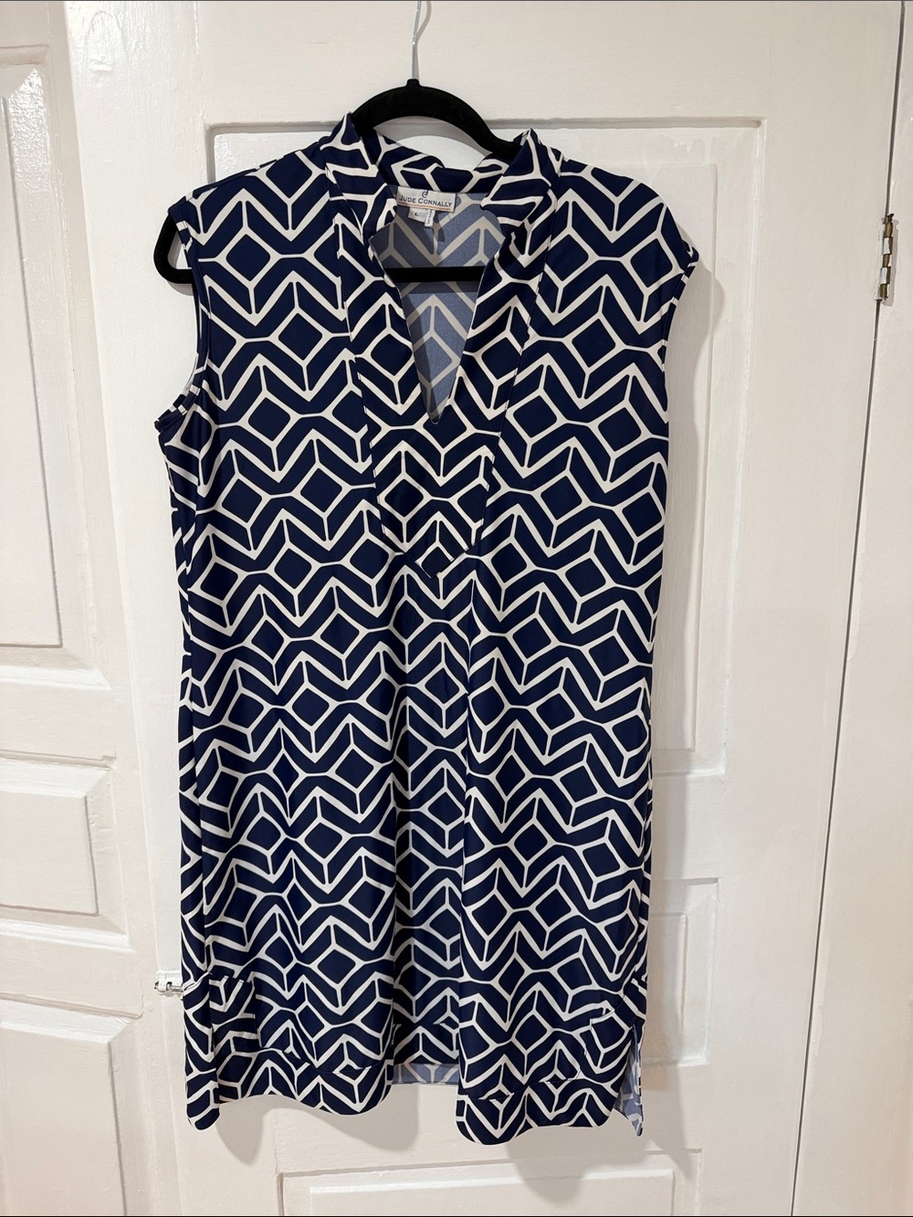 Jude Connally Navy & White Geometric V-Neck Midi Dress